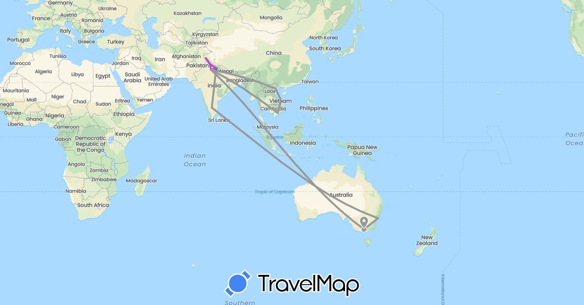 TravelMap itinerary: driving, plane, train in Australia, India, Vietnam (Asia, Oceania)